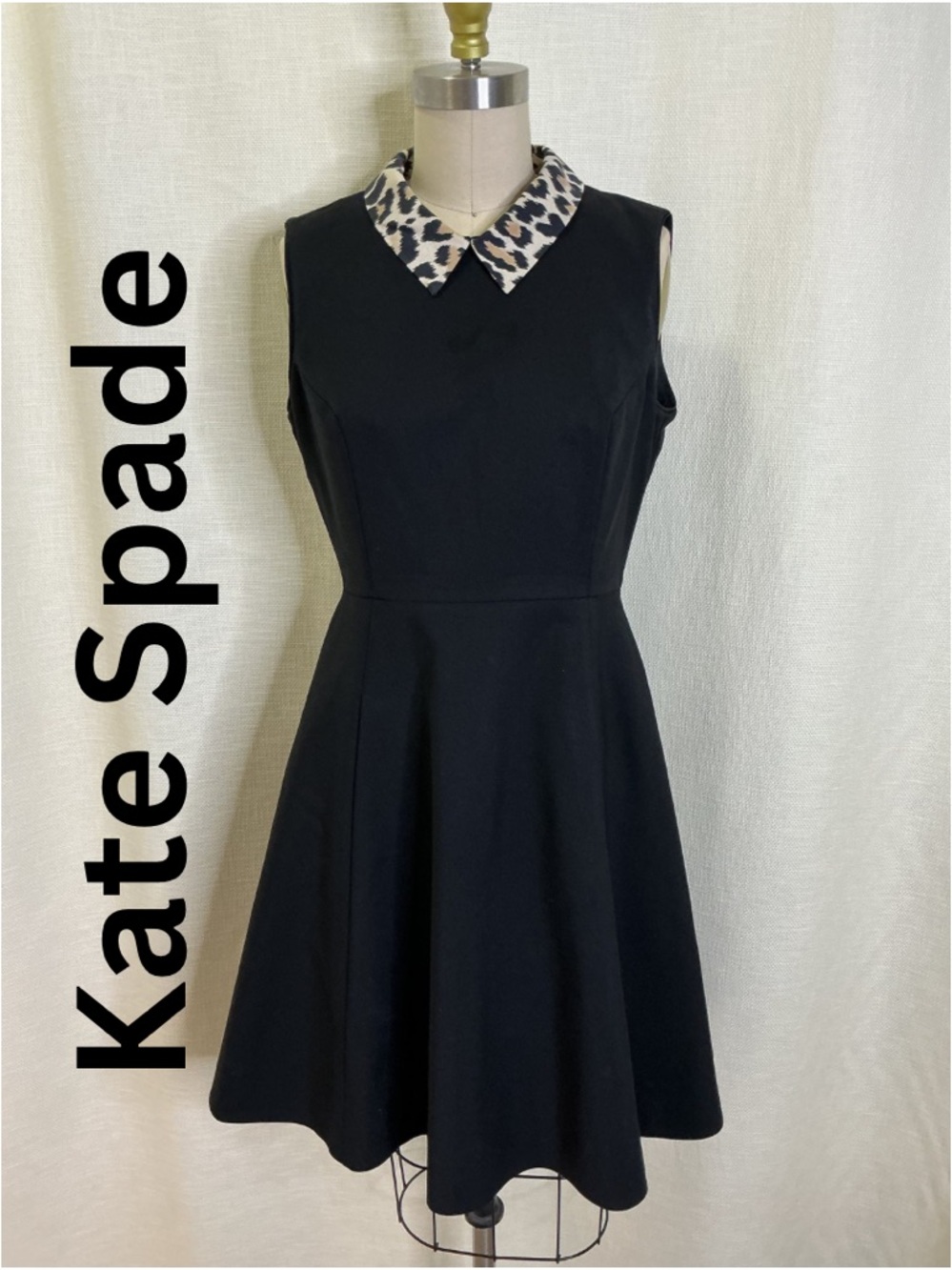 Kate Spade Black Fit & Flare Dress Size 6 Leopard Collar Sleeveless A Line